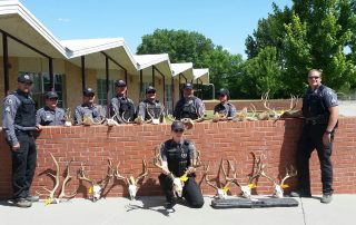 Conservation officers with deer skulls discovered after serving a warrant in Farmington