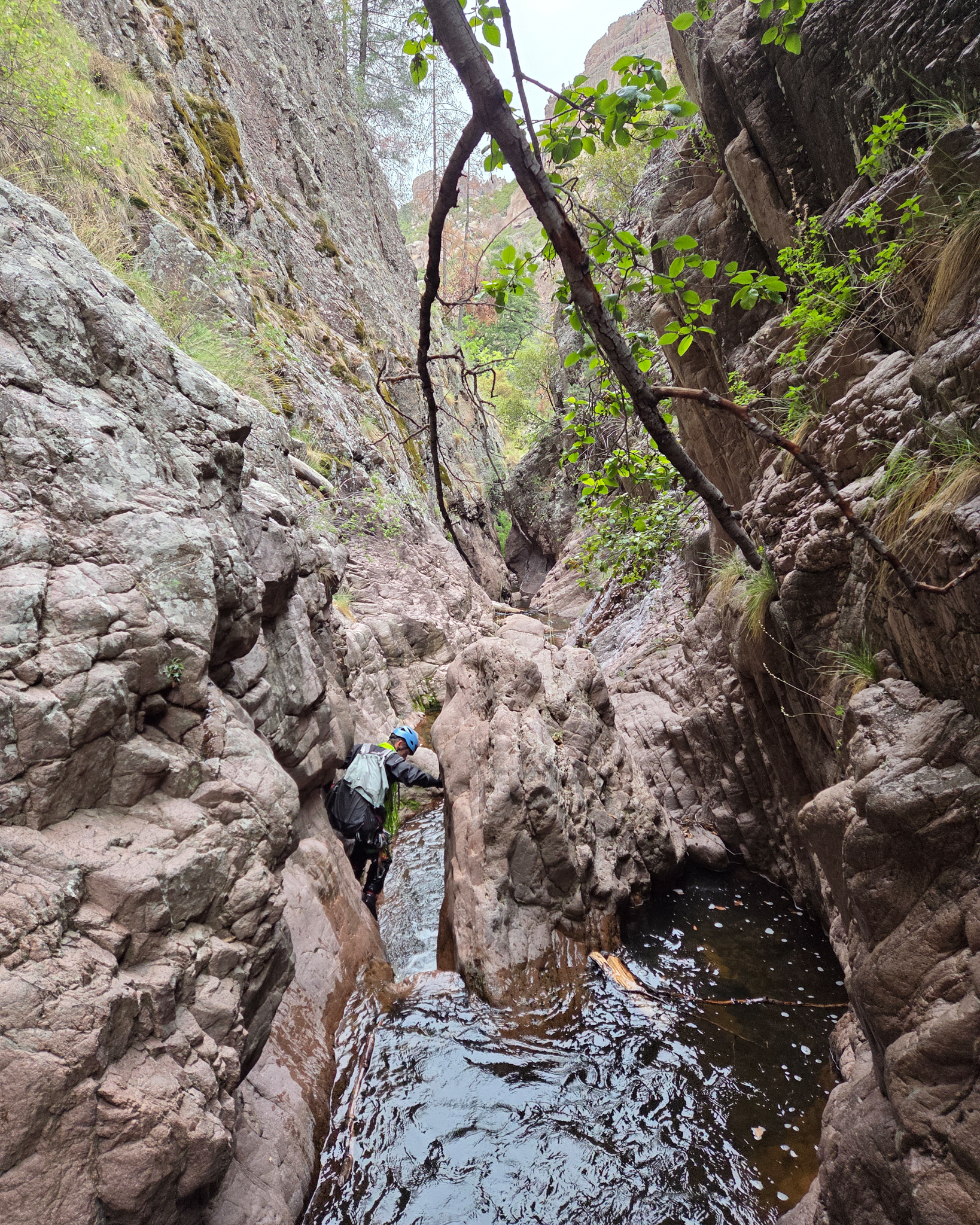 Climbing through a narrow section of the river